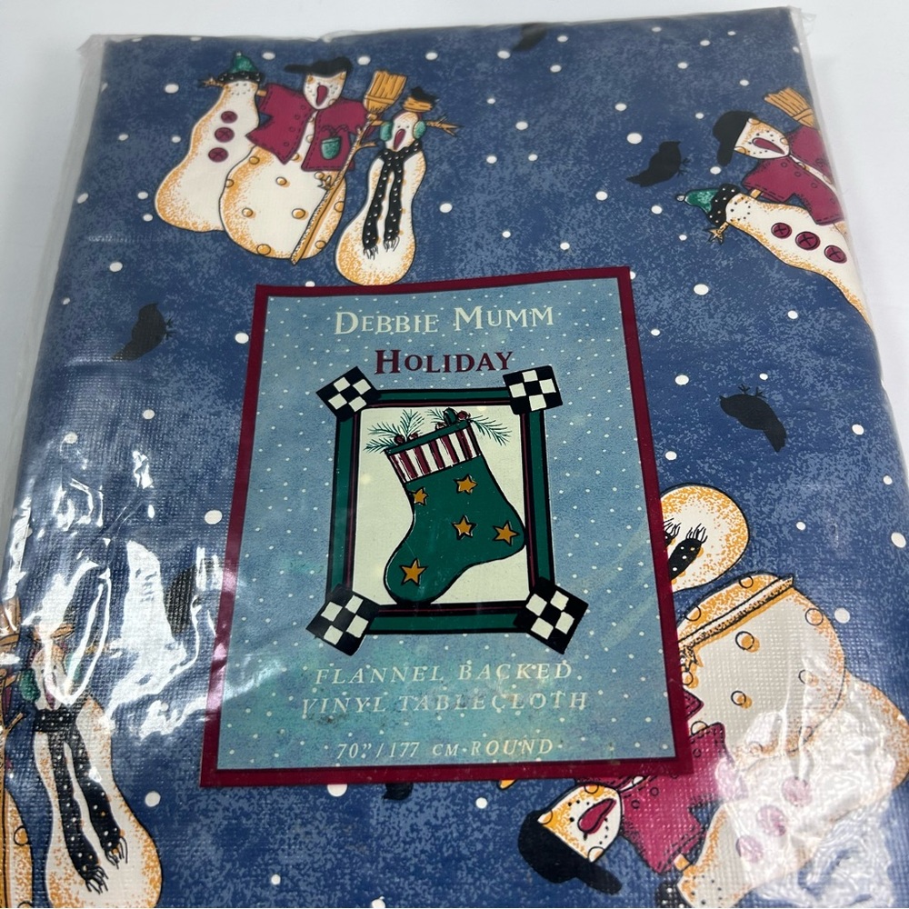 Debbie Mumm SNOWMAN Xmas Holiday Flannel Backed Vinyl Tablecloth 52"x70" OVAL